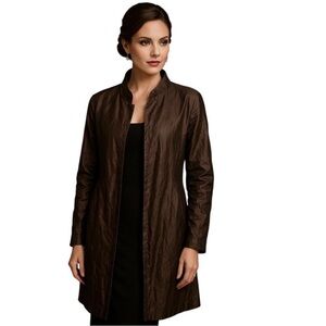 NWT Eileen Fisher Steel Satin Split Back
Bottom Long Jacket, Brown- Petite Large